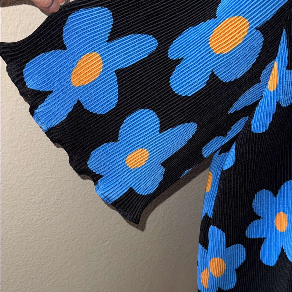 Arthur Apparel Crimped Oversized Top Dress Black Blue Orange Floral Design Sz 10 - Picture 3 of 5
